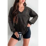 Mineral Wash Exposed Seam Buttoned V Neck Pullover Top