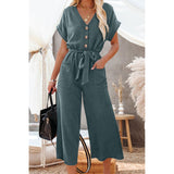 Black Dolman Button Belted V Neck Wide Leg Pocketed Jumpsuit