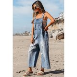 Distressed Bib Pocket Wide Leg Denim Overall