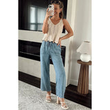 Mineral Wash Drawstring Waist Loose Straight Denim Pants