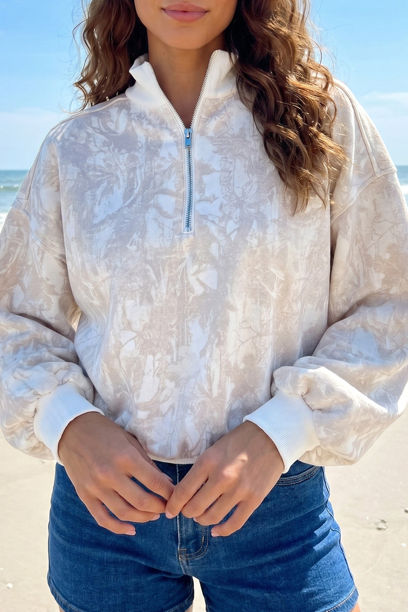 Khaki Camouflage Print Quarter-Zip Drop Shoulder Long Sleeve Sweatshirt