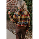 Brown Plaid Zipper Stand Neck Jacket