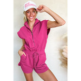 Short Sleeve Half Zip Drawstring Waist Romper
