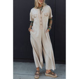 Half Placket Chest Pockets Short Sleeve Wide Leg Jumpsuit