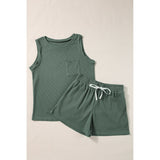 Waffle Knit Patched Pocket Tank and Drawstring Shorts Set