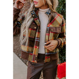 Brown Plaid Zipper Stand Neck Jacket