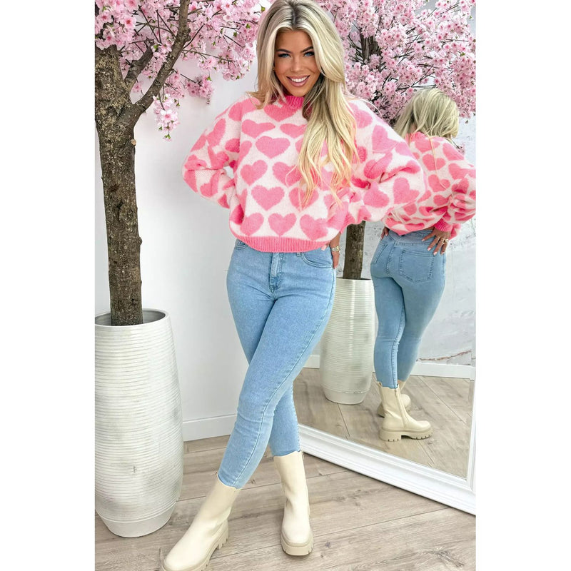 Pink Valentine Heart Print Knit Sweater
