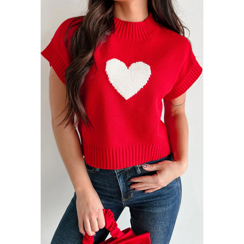 Fiery Red Valentine Heart Graphic Cropped Short Sleeve Sweater