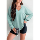 Mineral Wash Exposed Seam Buttoned V Neck Pullover Top