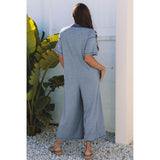 Half Placket Chest Pockets Short Sleeve Wide Leg Jumpsuit