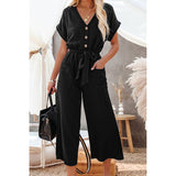 Black Dolman Button Belted V Neck Wide Leg Pocketed Jumpsuit