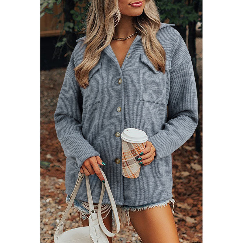 Knit Buttons Front Flap Pocket Casual Shacket