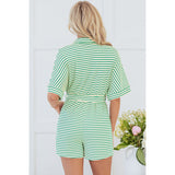Short Sleeve Collared Buttoned Waist Tie Romper