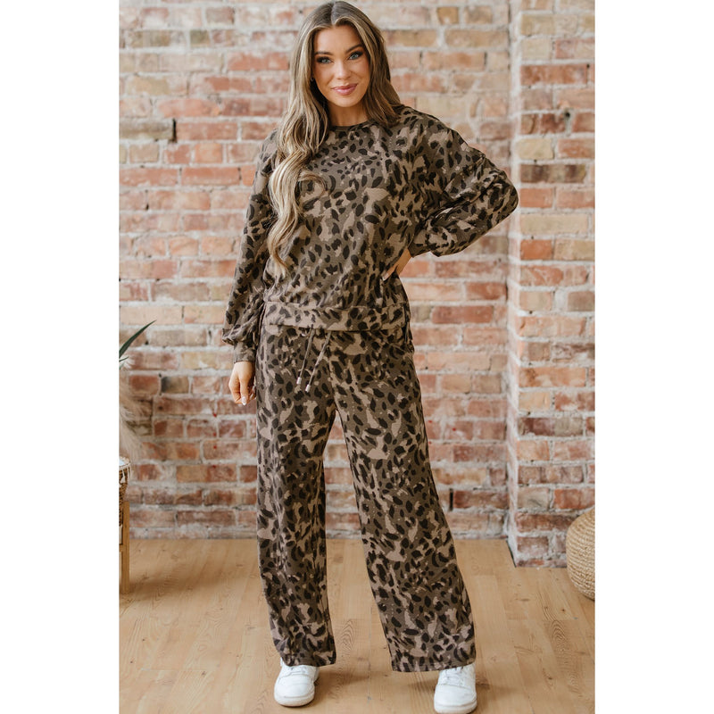 Pullover Drawstring Loose Pant Set Leopard